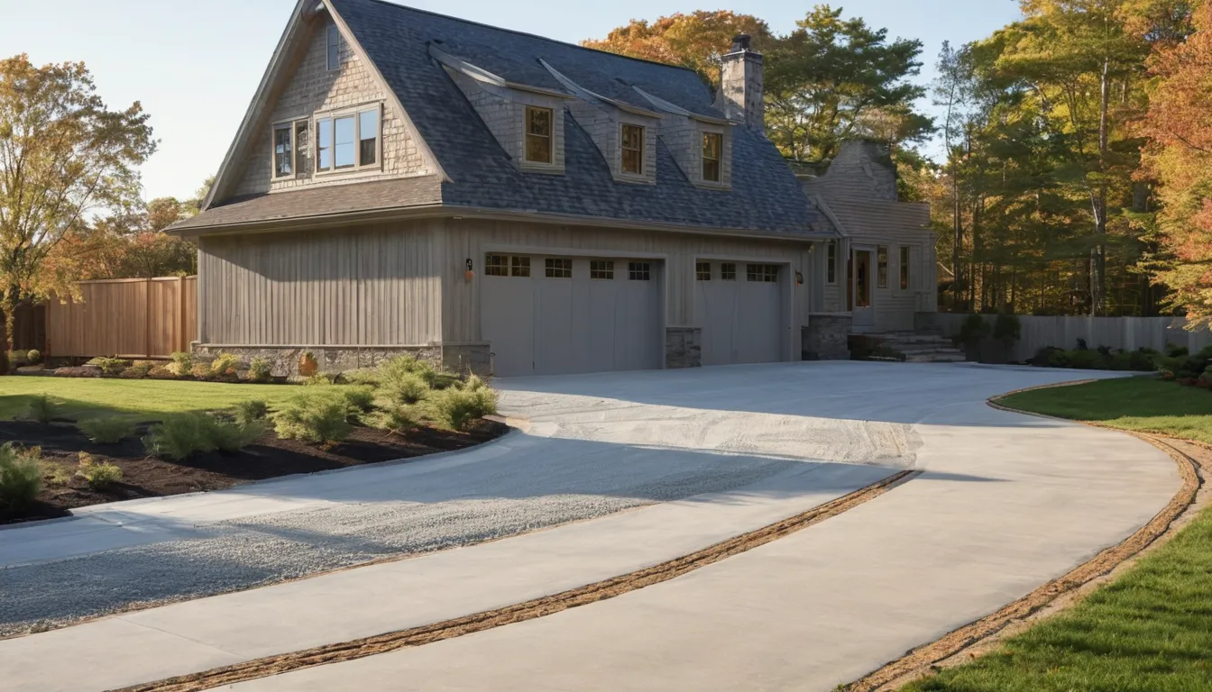 A freshly poured concrete driveway beside a home in Tuxedo